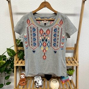 DRIFTWOOD Gray Short Sleeve Tee with Multicolor Embroidered Aztec Design